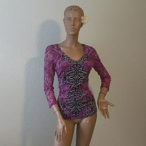 INC Ruched Nylon Mesh V-Neck Blouse Top